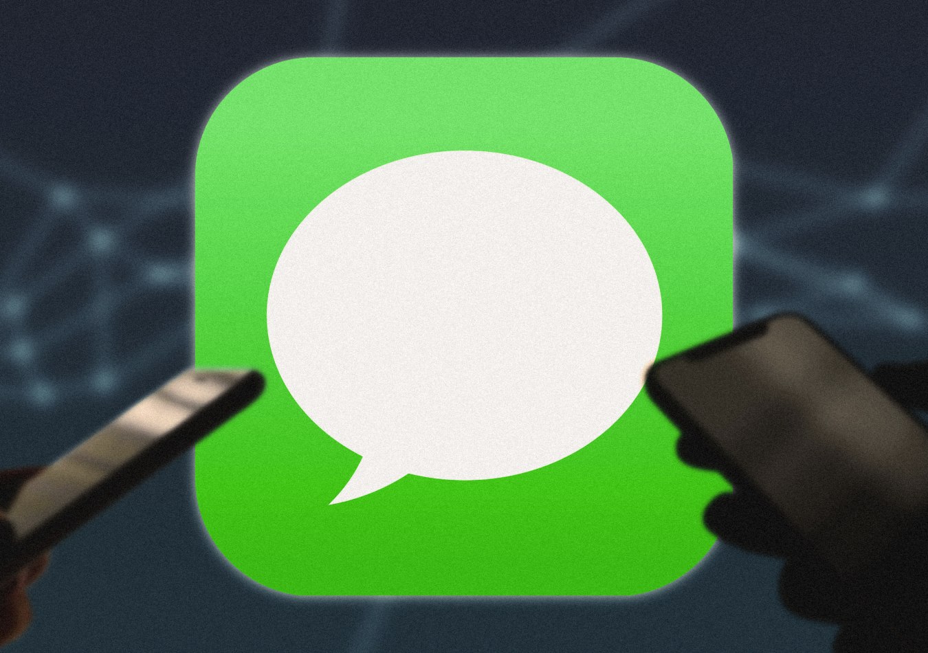 Apple iMessage application is experiencing a surge in phishing attacks. The photo depicts the Apple iMessage icon in background with two people holding iphones in the front. 