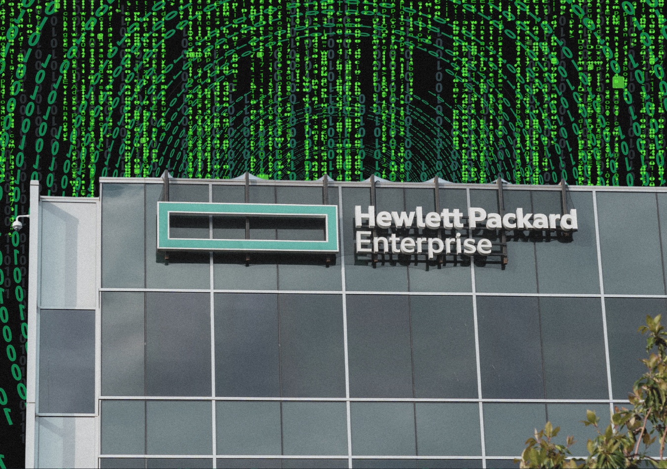 hpe is investigating a cybersecurity breach after a hacker claimed data theft. Photo depicts HPE office with a backdrop of numbers going in circles to indicate cyber threat