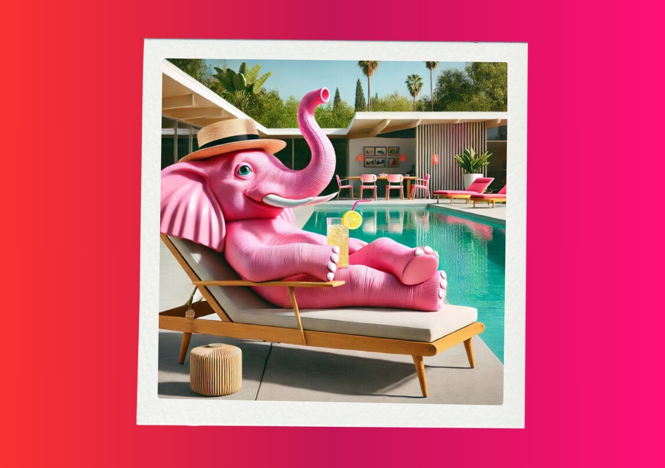 AgentCoach,ai generates image with prompt, "a pink elephant sipping lemonade by a mid-century modern pool."