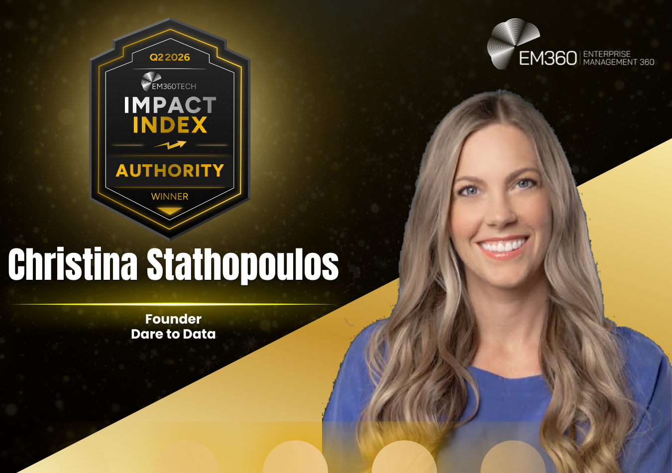EM360Tech Q2 2026 Authority Winner graphic featuring a black and gold Impact Index Winner badge alongside a portrait of Christina Stathopoulos. Text reads "Christina Stathopoulos" and "Founder, Dare to Data." The EM360Tech logo appears in the top-right on a black and gold background with subtle light effects. 