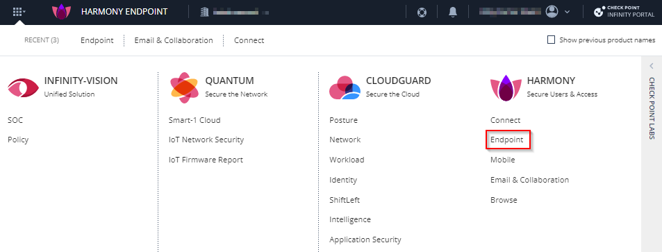 Screenshot of Check Point Infinity Portal showing product categories Infinity-Vision, Quantum, CloudGuard, and Harmony with Endpoint option highlighted.
