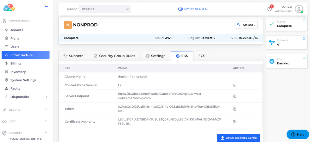 Screenshot of DuploCloud interface showing infrastructure details for a non-production cluster on AWS. The dashboard displays cluster name, control plane version, server endpoint, token, and certificate authority under the Infrastructure tab, with EKS enabled. Status indicators confirm cluster completion and subnet details, with options for security group rules, settings, and ECS.