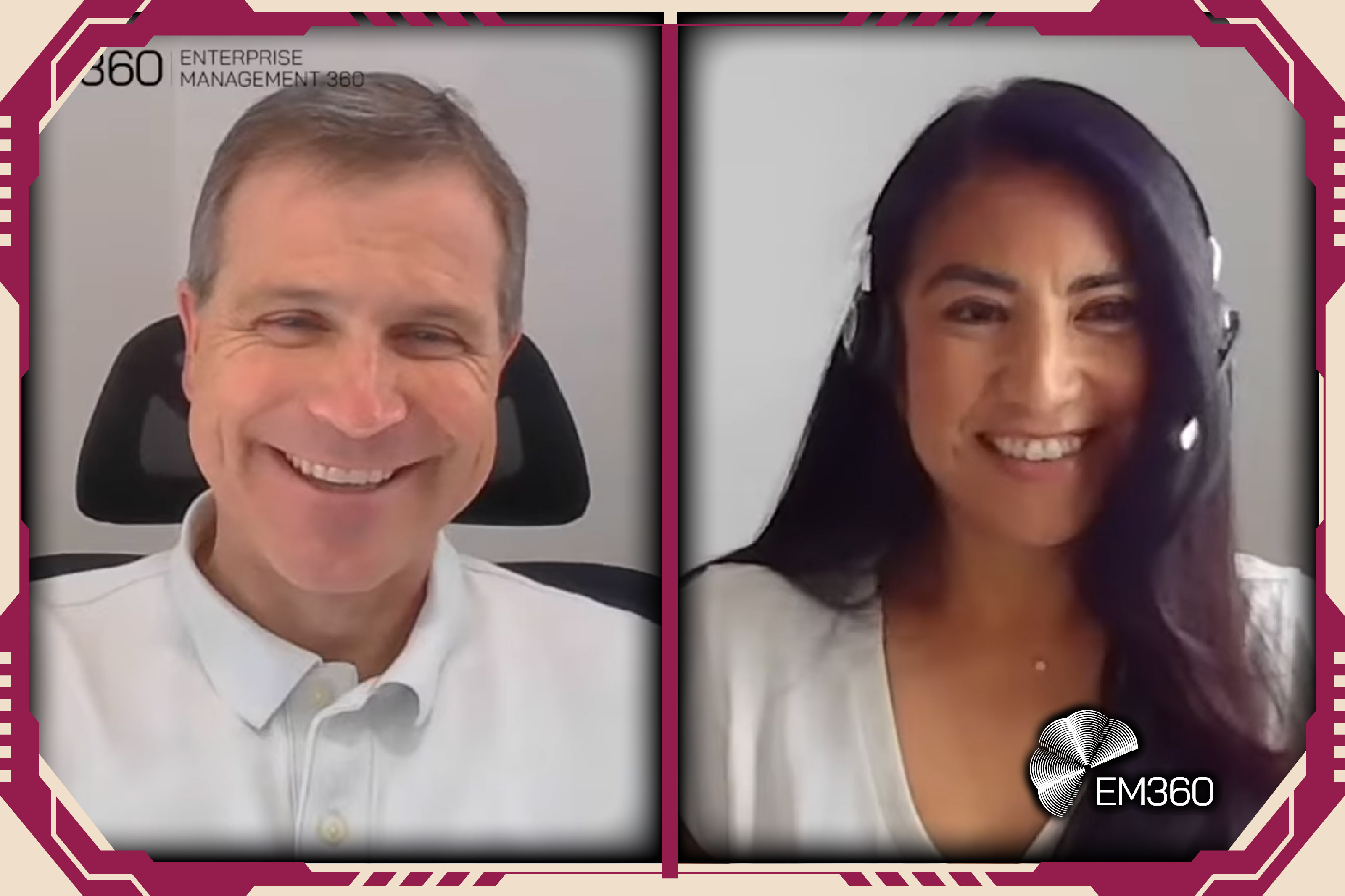 Split-screen video call showing Kevin Petrie, Vice President of Research at BARC, and Ann Maya, EMEA CTO at Boomi, smiling during a discussion on AI agents. The EM360 branding appears in the frame, indicating this is from “The AI Agent’s Dilemma: Autonomy vs. Control” videocast.