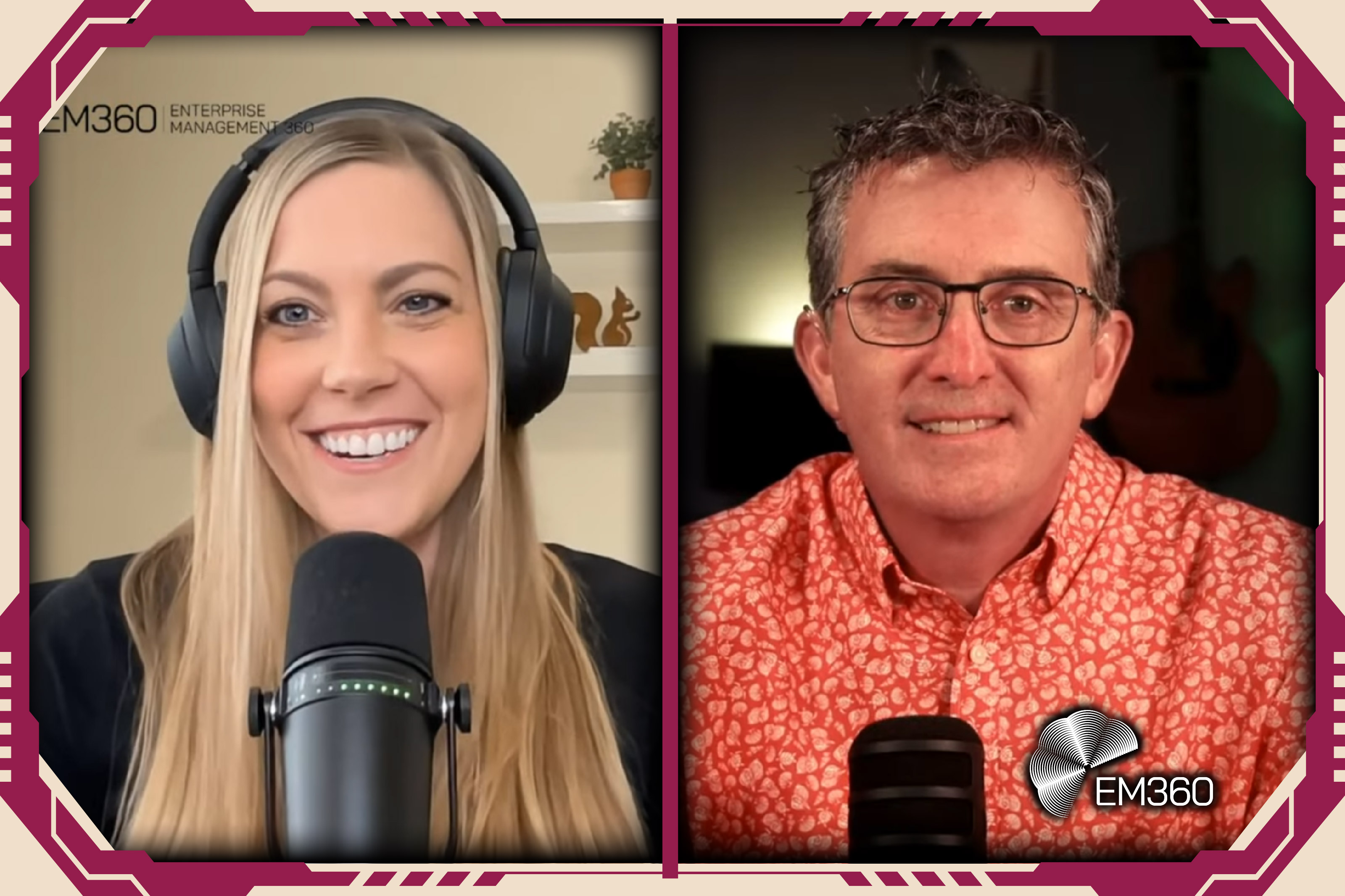 Split-screen videocast showing Christina Stathopoulos, Founder of Dare to Data, wearing headphones and speaking into a microphone, alongside Jeff DeVerter, Field CTO at Pythian, during a discussion on the rise of the agentic AI workforce. EM360 branding appears in the frame.