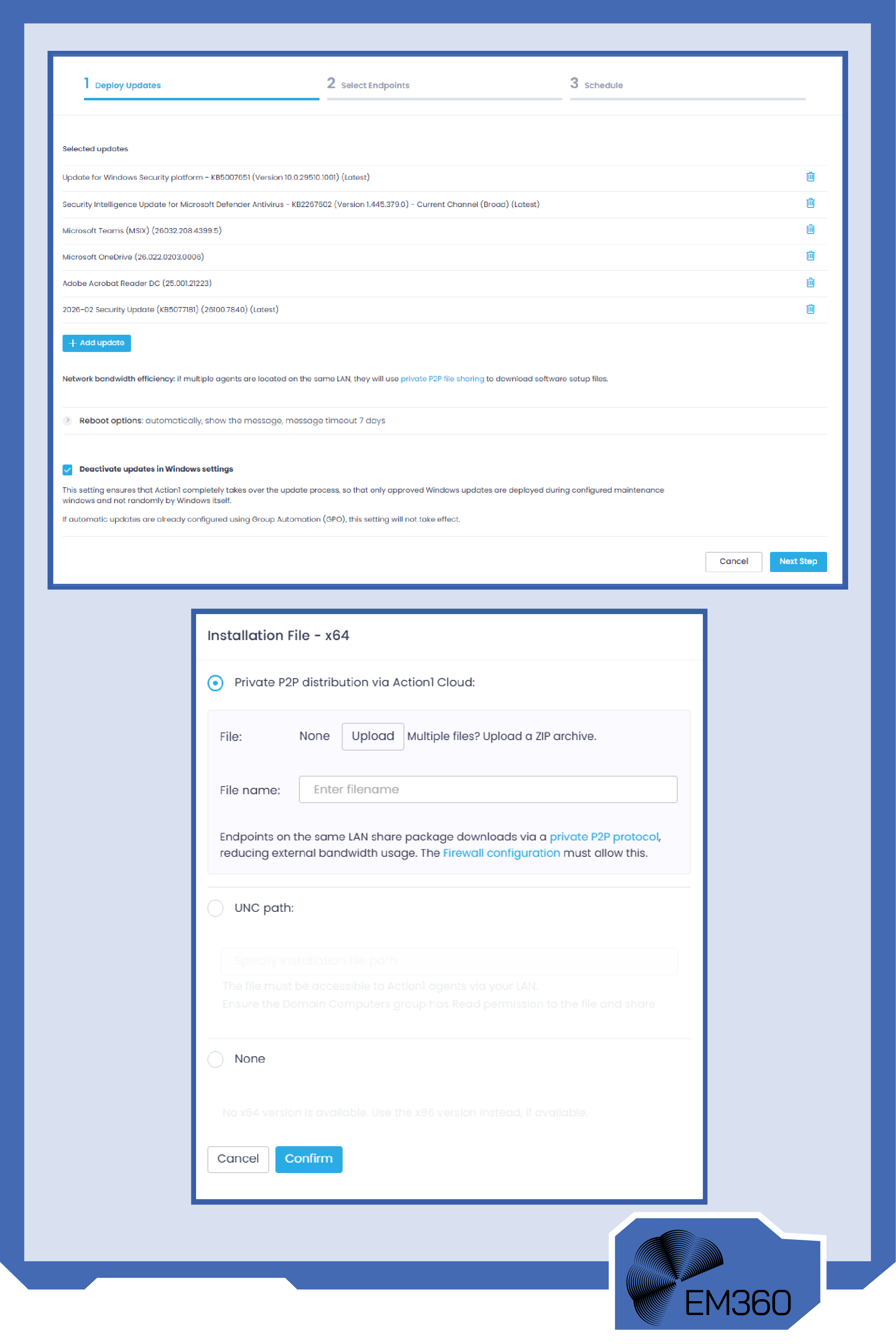 Screenshot of the Action1 patch management interface showing software deployment settings. A highlighted message explains that devices on the same local network use private peer-to-peer (P2P) file sharing to download software packages, improving bandwidth efficiency. A second panel shows installation options with “Private P2P distribution via Action1 Cloud” selected. EM360 branding appears at the bottom of the graphic.
