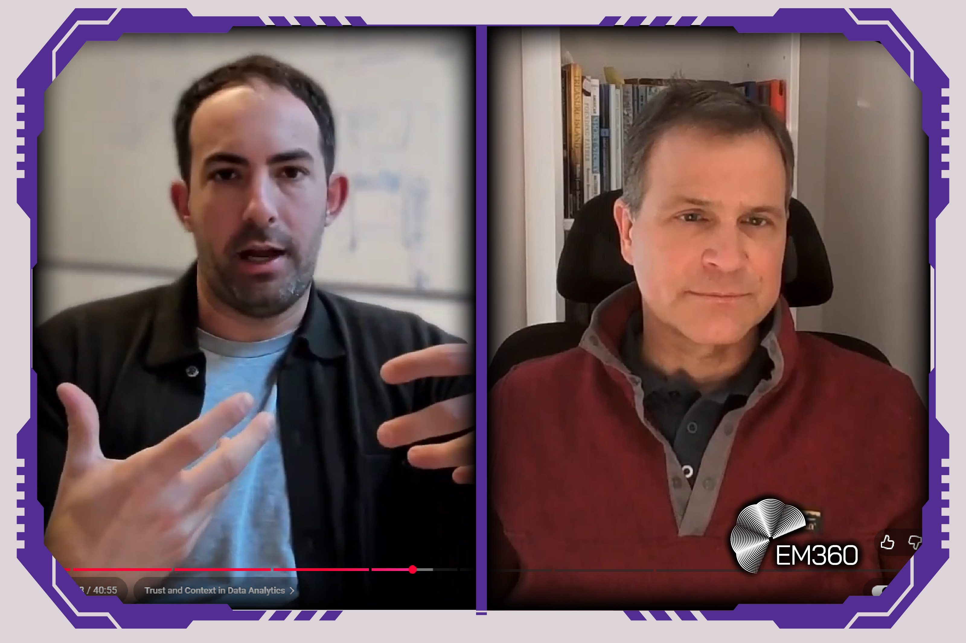 Split-screen screenshot from the &ldquo;Is AI Analytics the Missing Link Between Business Users and Data Teams?&rdquo; episode of the Don&rsquo;t Panic, It&rsquo;s Just Data podcast. Host Kevin Petrie, Vice President of Research at BARC, appears on the right, speaking with guest Barry McCardel, Co-Founder and CEO of Hex Technologies, on the left during a videocast discussion about AI analytics and enterprise data.