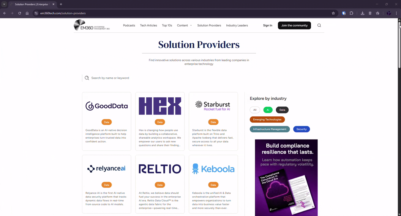 Screenshot of the EM360Tech &ldquo;Solution Providers&rdquo; webpage showing a directory of enterprise technology companies. The page includes a search bar and cards for providers such as GoodData, Hex, Starburst, Relyance AI, Reltio, and Keboola, each labeled under the Data category. A sidebar on the right allows users to filter by industry, including AI, Data, Emerging Technologies, Infrastructure Management, and Security.