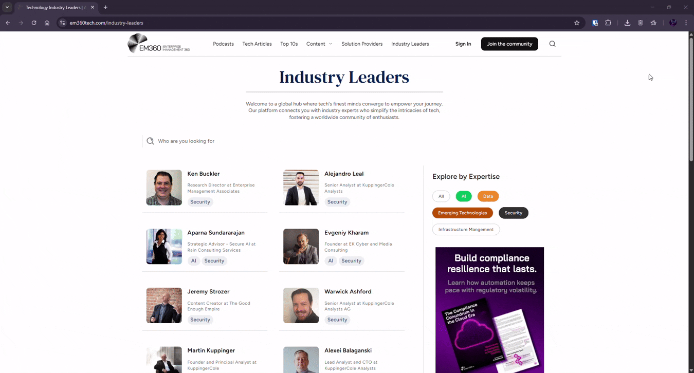 Screenshot of the EM360Tech Industry Leaders page showing a directory of cybersecurity and technology experts, including profile cards with names, roles, and areas of expertise, alongside filters for AI, data, security, emerging technologies, and infrastructure management.