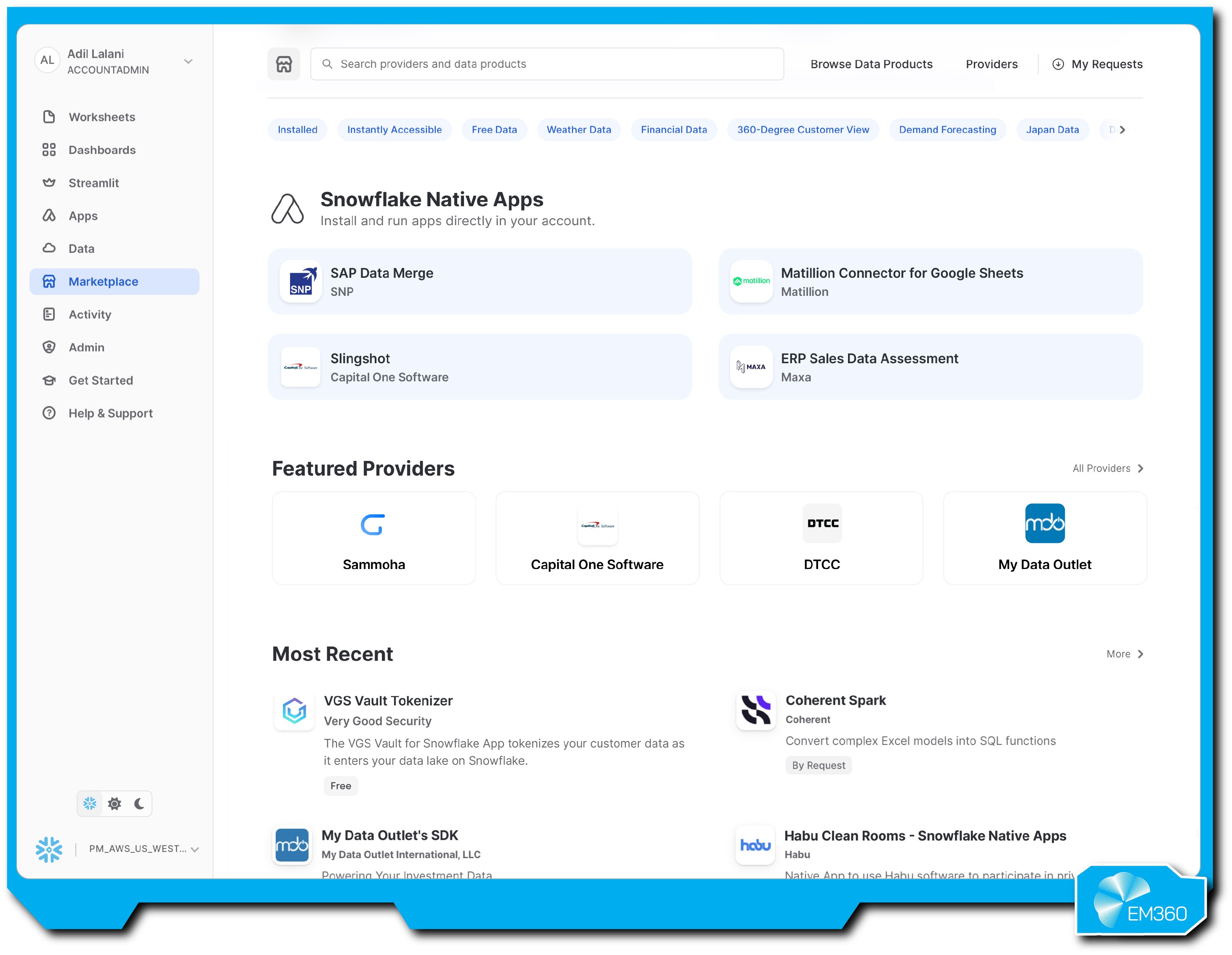 Screenshot of the Snowflake Marketplace displaying native apps, featured providers, and recently added data products available for installation and use within the Snowflake Data Cloud.