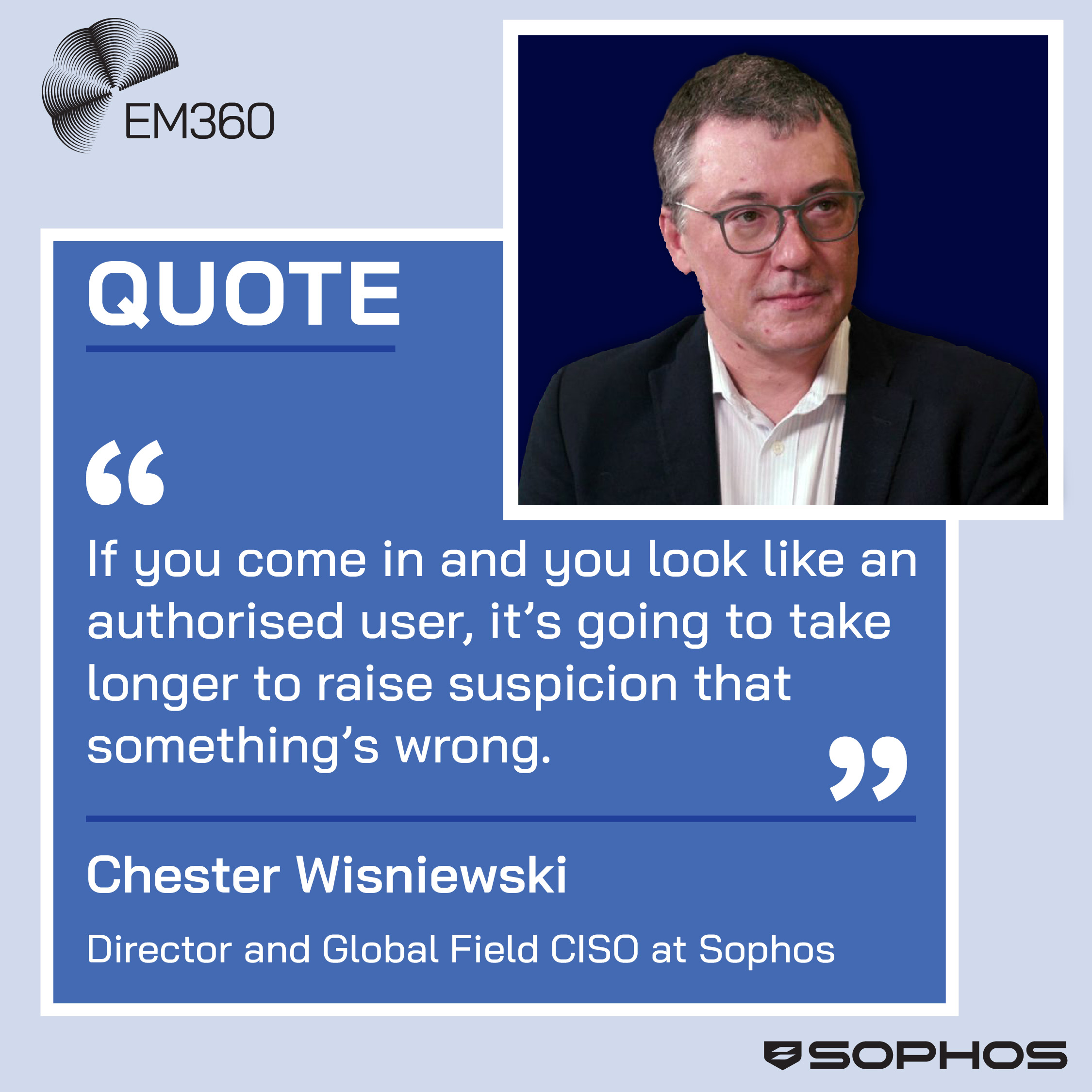 Graphic featuring a headshot of Chester Wisniewski against a dark blue background with a highlighted quote that reads, &ldquo;If you come in and you look like an authorised user, it&rsquo;s going to take longer to raise suspicion that something&rsquo;s wrong.&rdquo; Text identifies him as Director and Global Field CISO at Sophos. Branded with EM360Tech and Sophos logos.