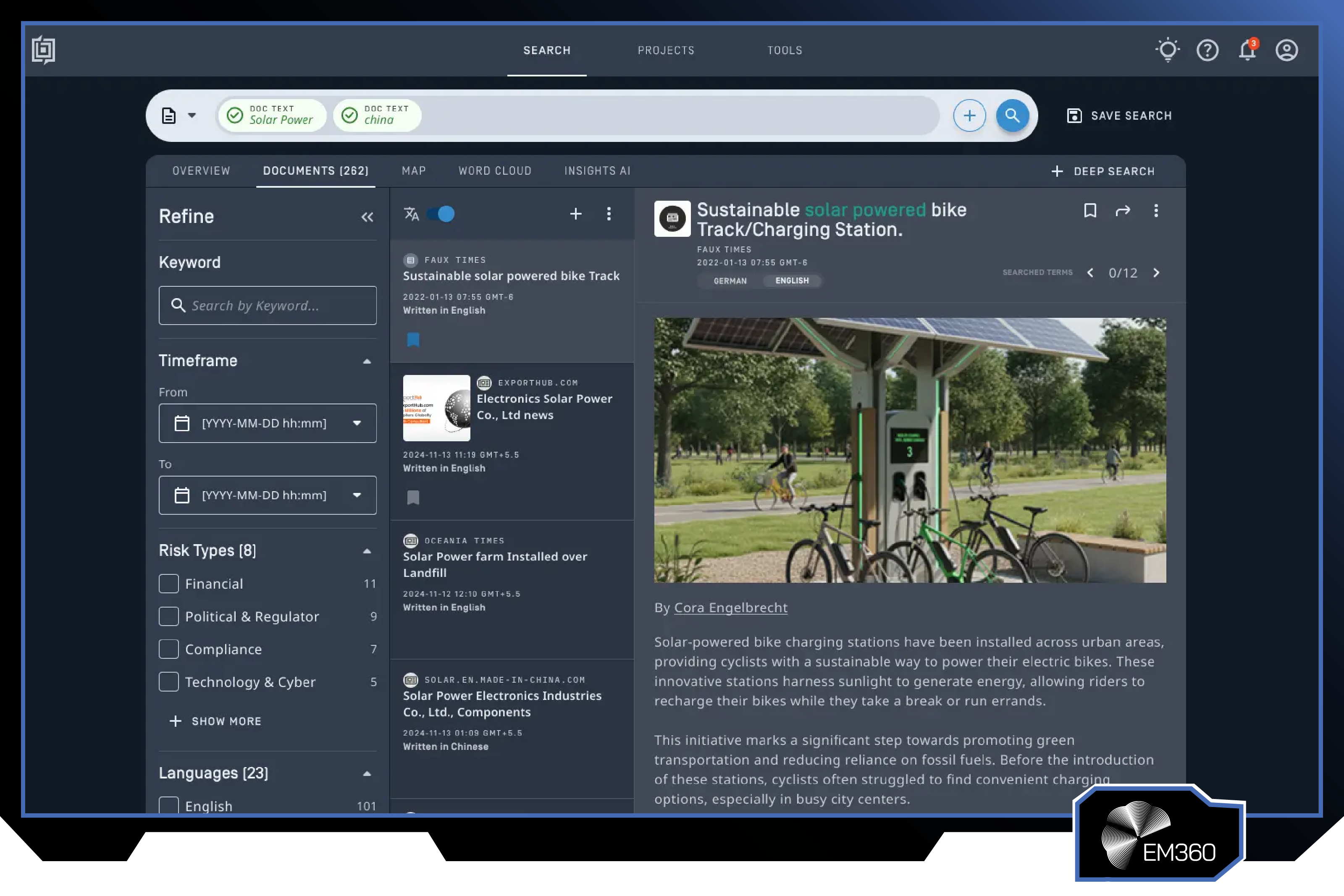 Screenshot of the Babel Street platform showing an intelligence search workspace with multilingual document analysis, risk filters, source monitoring, and article-level investigation tools used for open-source intelligence and narrative analysis.