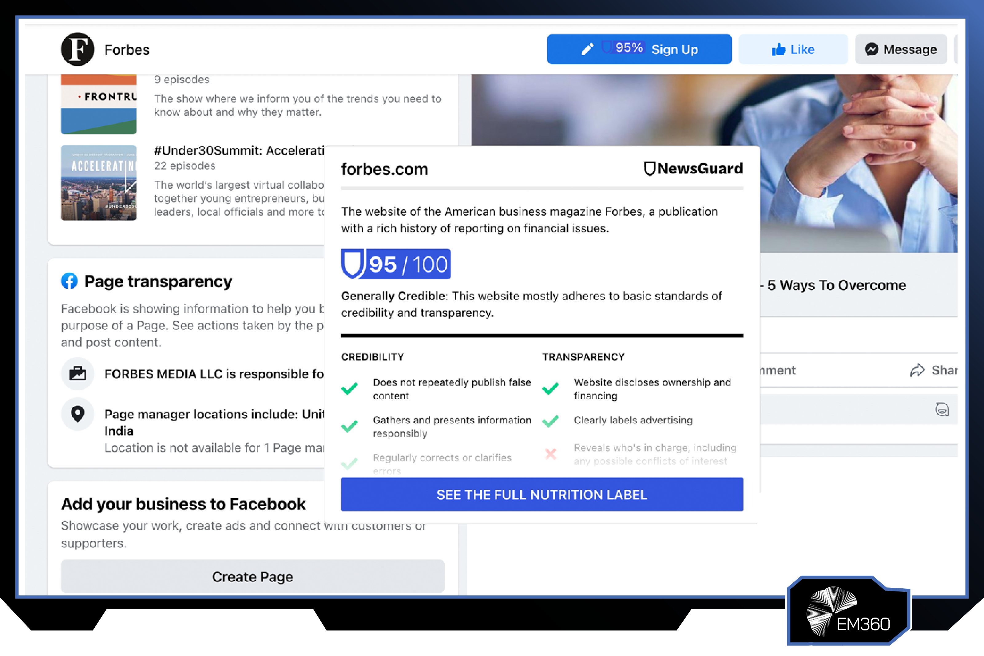 Screenshot of the NewsGuard platform showing a credibility rating for Forbes.com, including a trust score, source reliability assessment, transparency indicators, and fact-checking criteria used to evaluate the credibility of online information sources.