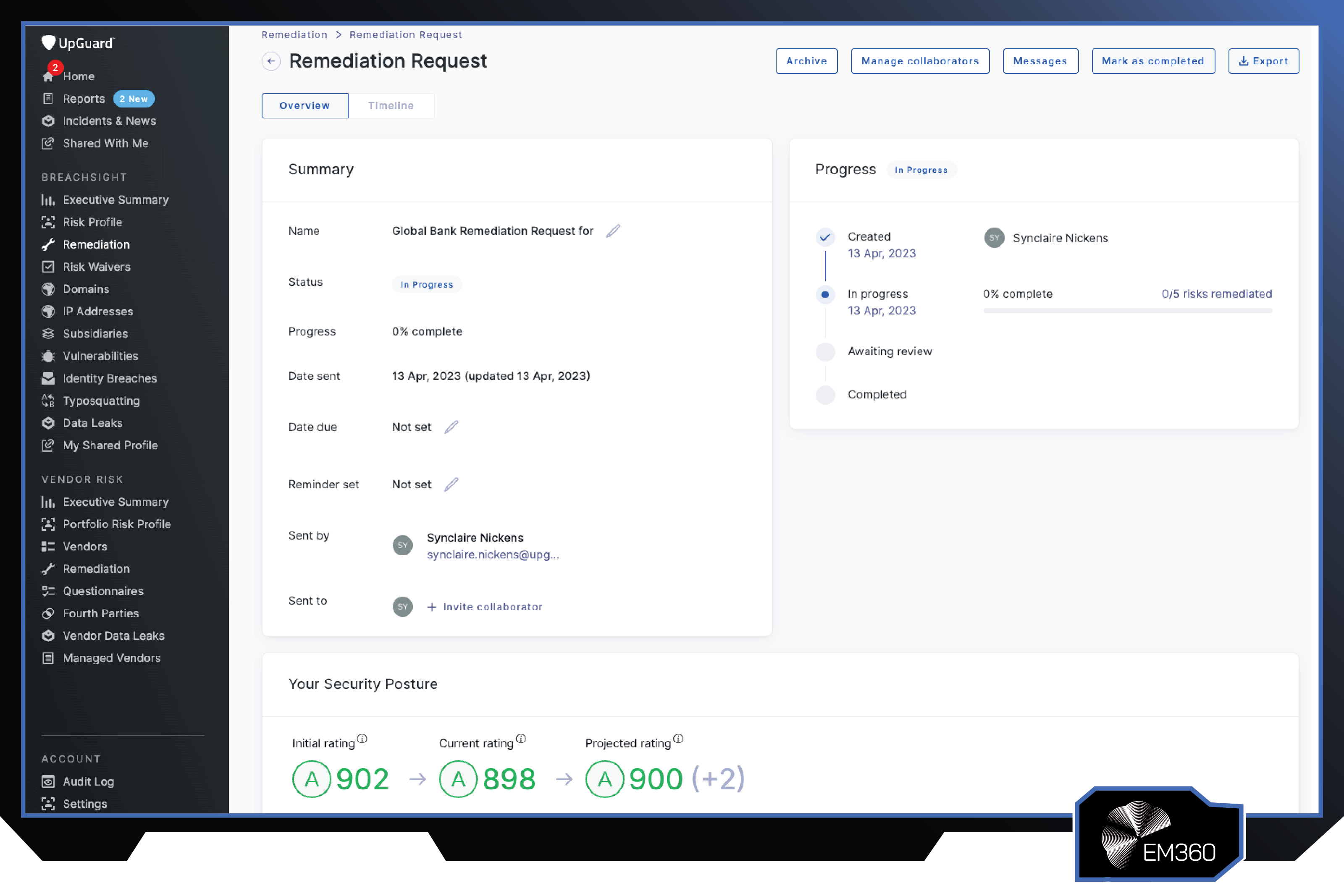 Screenshot of the UpGuard vendor risk management platform showing a remediation request workflow, security posture ratings, collaboration tools, and third-party risk remediation tracking.
