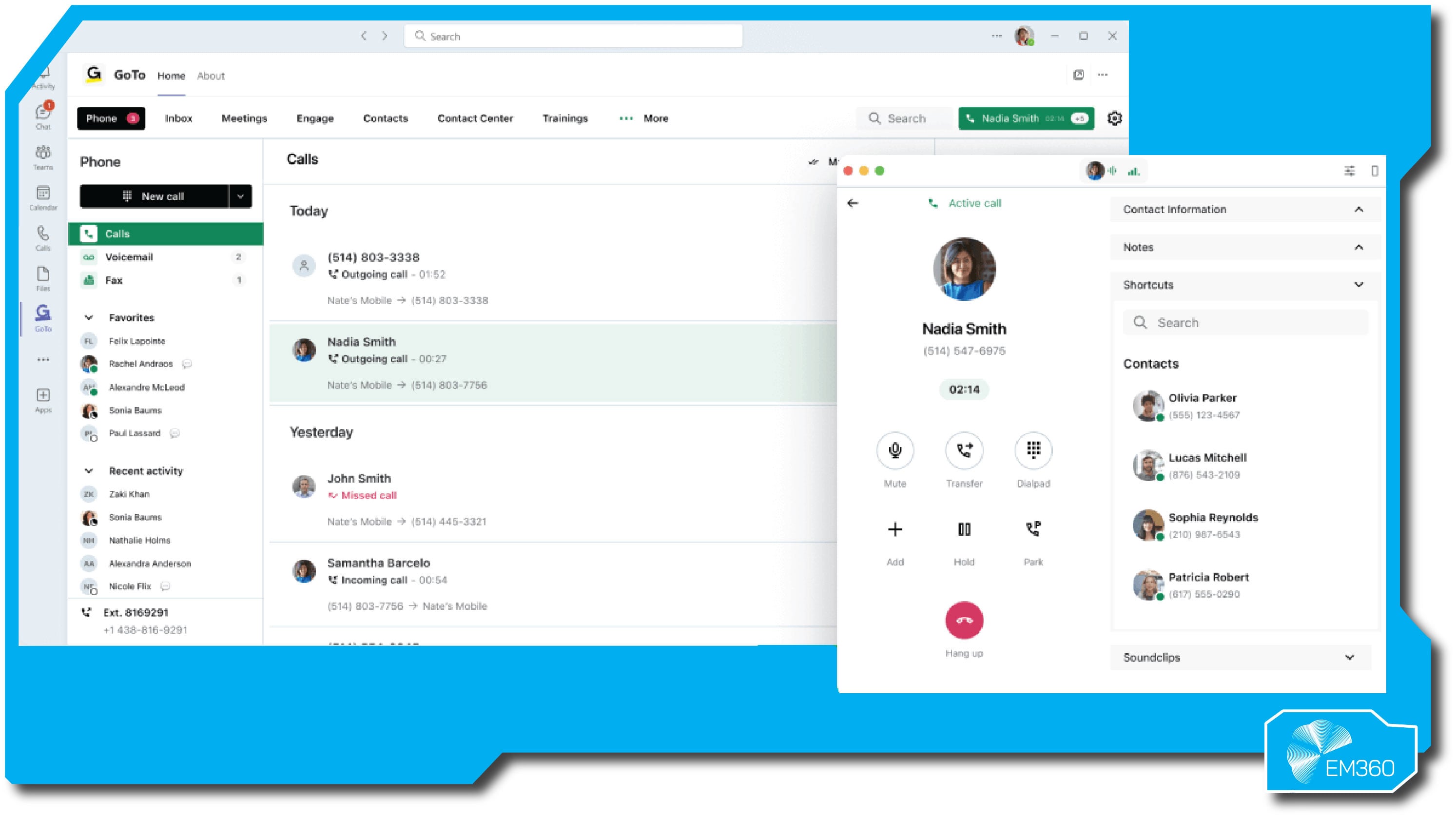 Screenshot of the GoTo Connect unified communications interface showing a live phone call with a contact named Nadia Smith. The dashboard displays recent call history, including incoming, outgoing, and missed calls, along with voicemail and fax options. The right panel shows active call controls such as mute, transfer, and dial pad, plus contact information, notes, and shortcuts. The contact list includes several saved names with phone numbers. The EM360 logo appears at the bottom right corner.