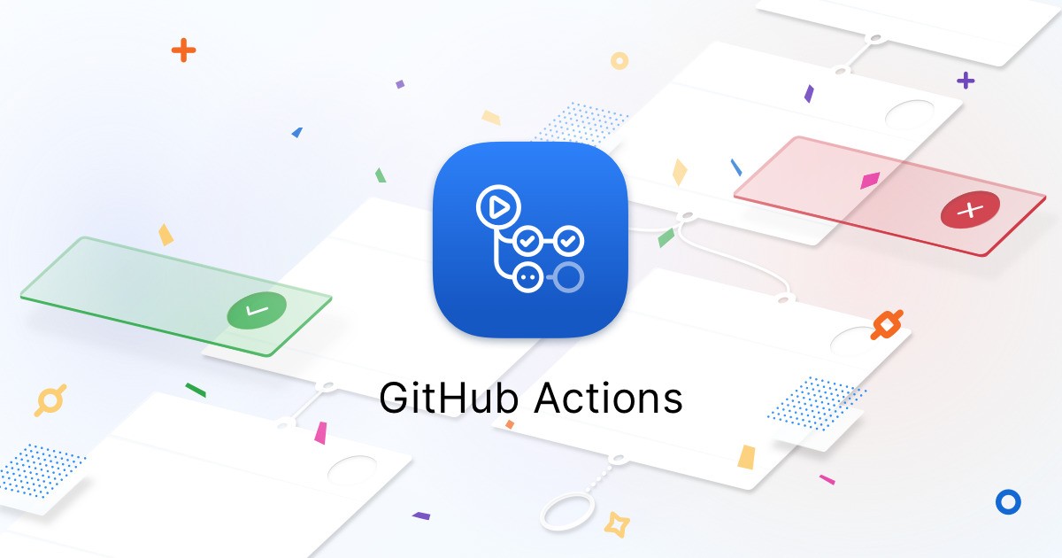 GitHub Actions logo with illustrated pipeline stages showing approval and rejection steps, representing enterprise CI/CD automation