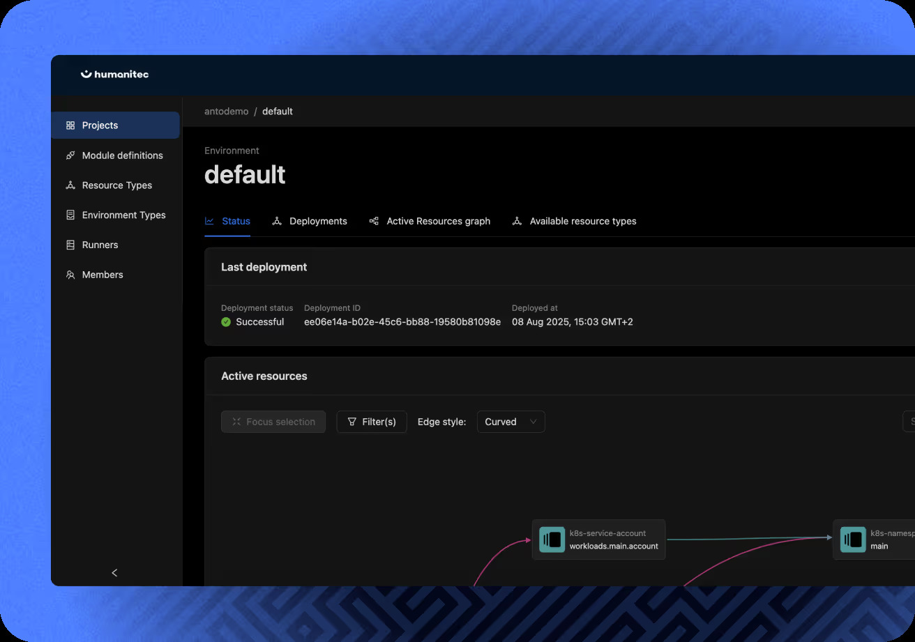 Screenshot of Humanitec platform dashboard showing the default environment. The interface highlights the last successful deployment with deployment ID and timestamp, along with a section for active resources. The navigation sidebar lists options such as Projects, Module definitions, Resource Types, and Environment Types.