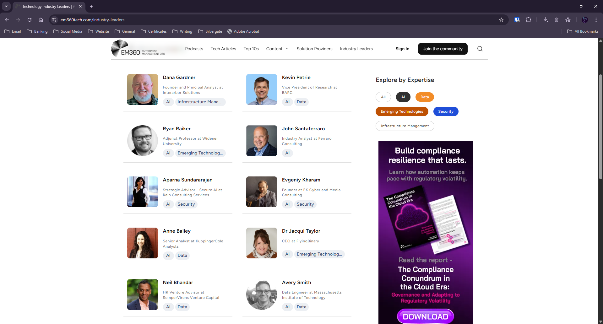 Screenshot of the EM360Tech Industry Leaders page showing a grid of analyst and expert profiles, including Dana Gardner, Kevin Petrie, and Aparna Sundararajan, with tags like AI, Data, Security, and Emerging Technologies. A sidebar on the right allows filtering by expertise and displays a promotional banner about compliance in the cloud era.
