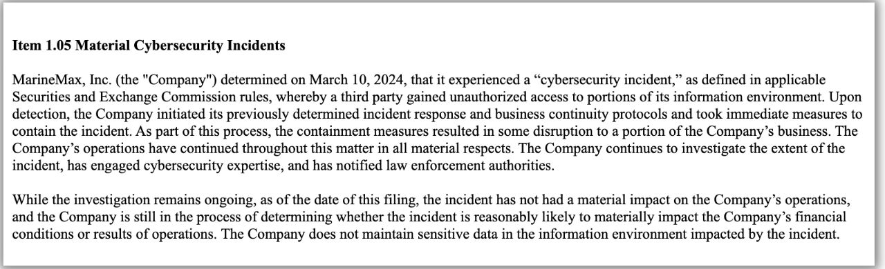 marinemax cyber attack sec filing