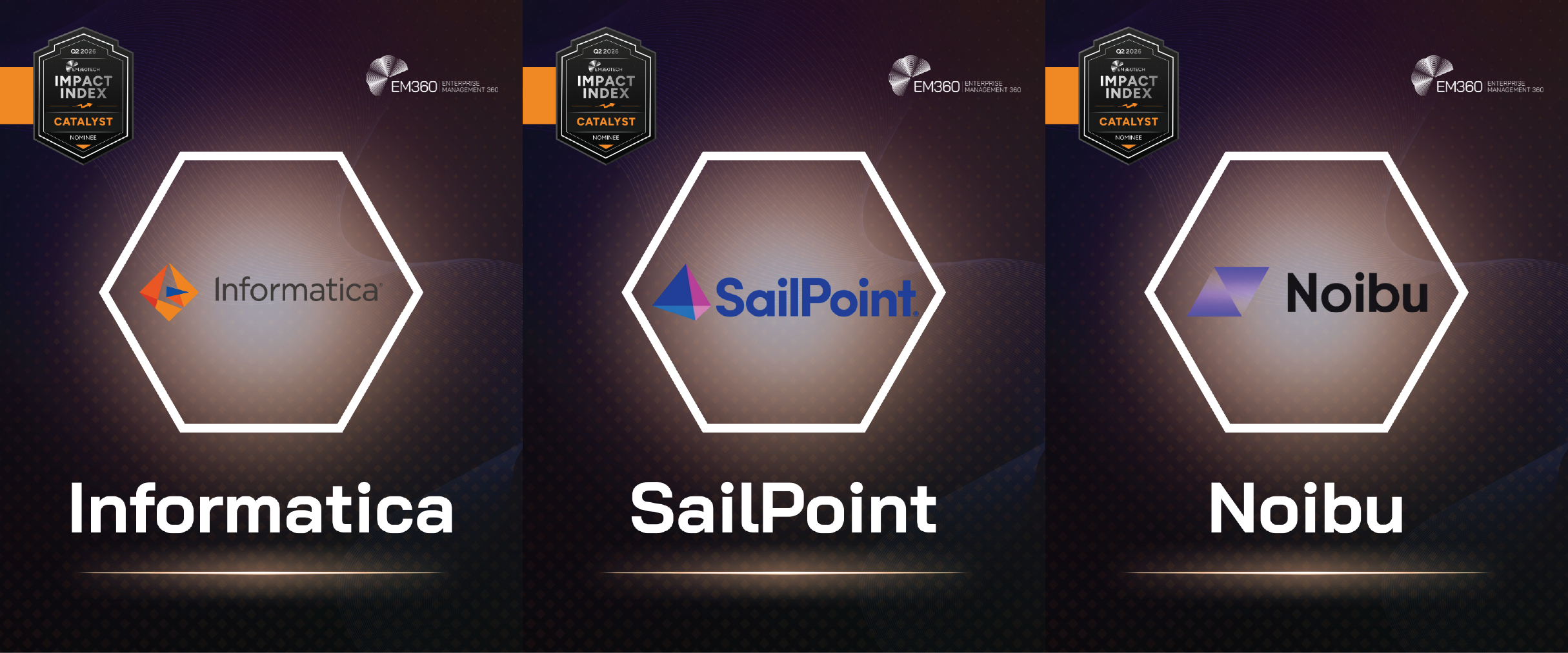 EM360Tech Q2 2026 Catalyst Award nominees graphic featuring Informatica, SailPoint, and Noibu. Each nominee is displayed in a separate panel with the Catalyst Impact Index badge at the top and the company logo inside a central hexagon. Large white text below identifies each nominee. The design uses a dark blue and purple gradient background with orange Catalyst Award accents throughout.
