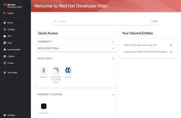 Screenshot of Red Hat Developer Hub interface. The dashboard shows quick access sections for community, developer tools, CI/CD tools like ArgoCD, SonarQube, and Quay.io, and OpenShift clusters. The sidebar includes navigation to catalog, APIs, docs, clusters, and settings. A panel on the right lists starred entities.