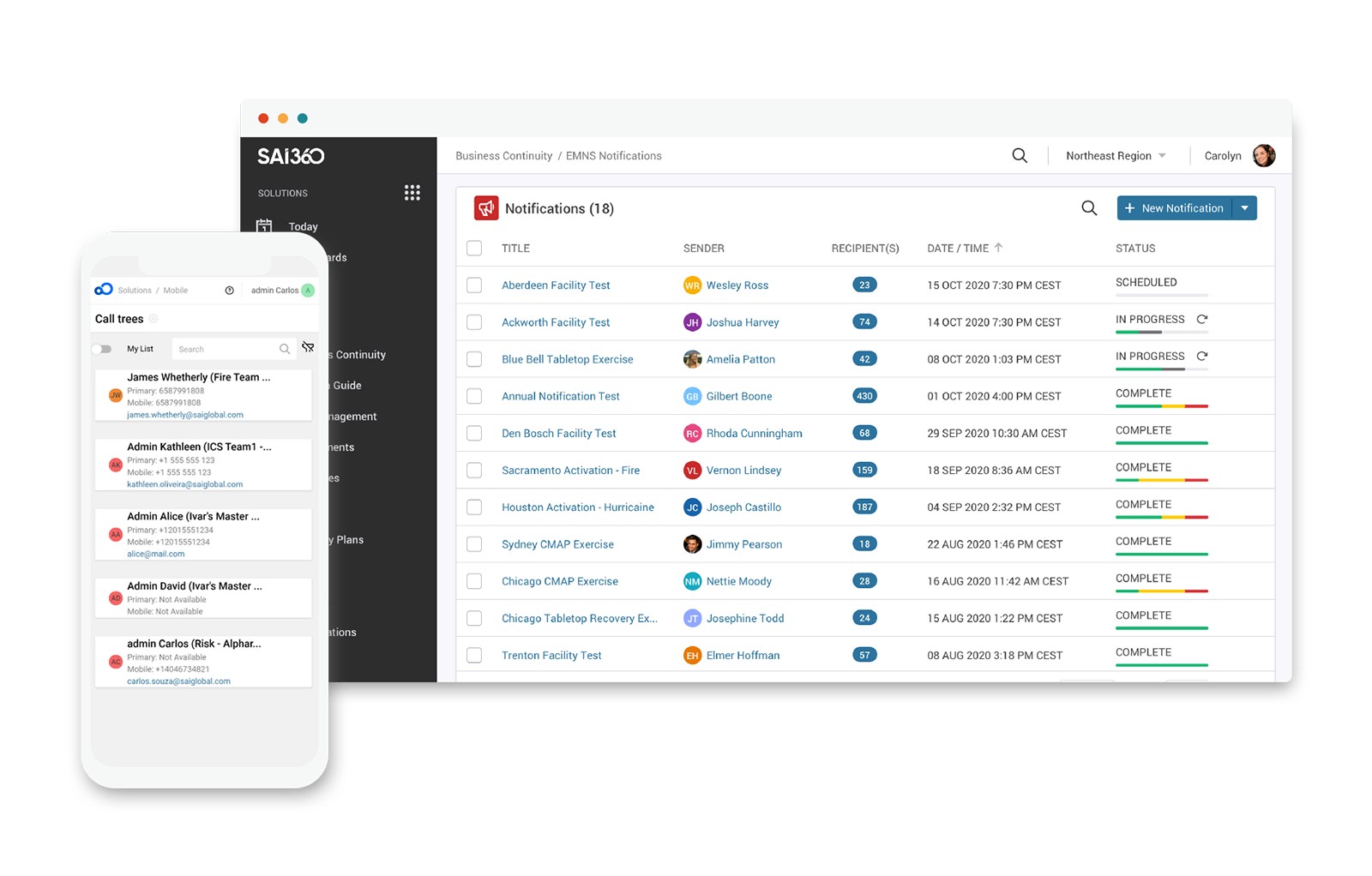 SAI360 business continuity software interface displayed on a laptop and smartphone. The laptop screen shows an EMNS Notifications dashboard listing multiple facility tests, activations, and exercises with details such as sender, recipients, dates, and statuses (scheduled, in progress, complete). The smartphone screen shows a call tree view with contact details for team members, including phone numbers and email addresses.