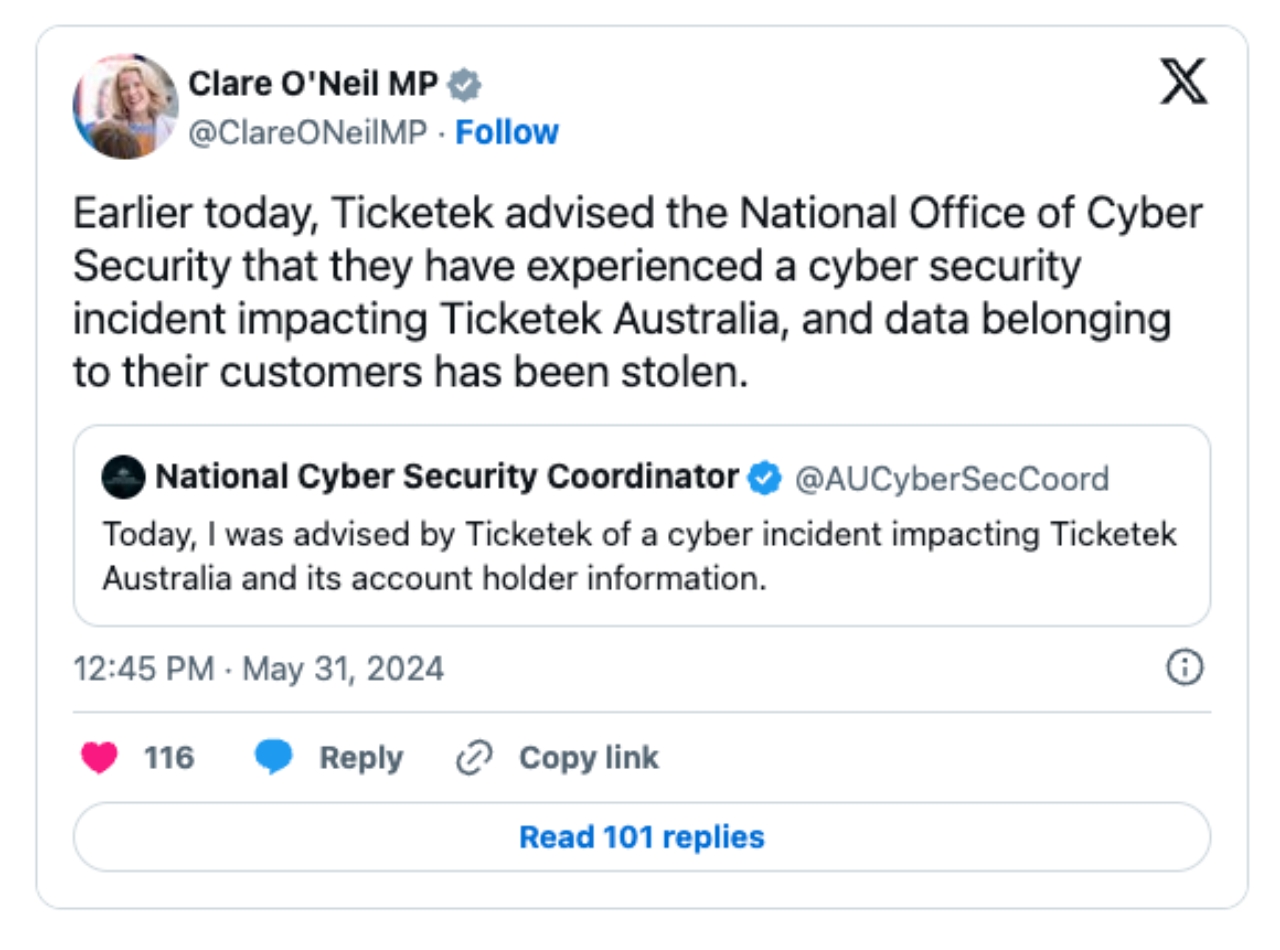 ticketek cyber attack statement