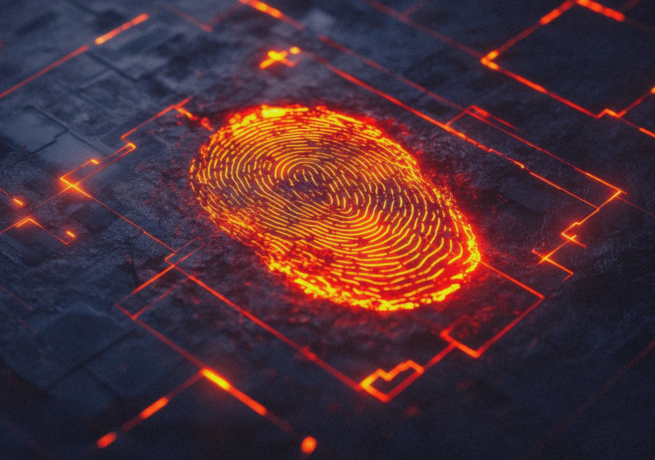 Fiery Fingerprint on Circuit Board; Cybersecurity Concept by nundigital from Canva
