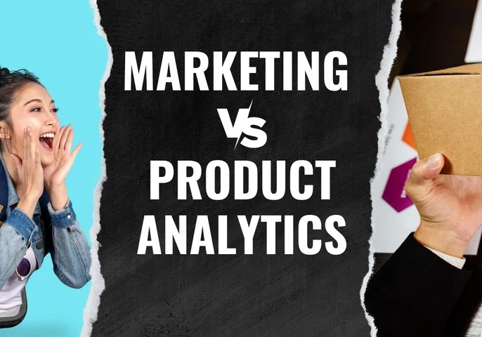 Graphic showing Marketing vs product analytics with a lady on the left shouting and a hand on the right holding up a blank box.