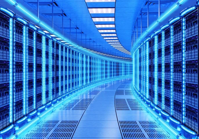 Bright blue inside of a data centre.