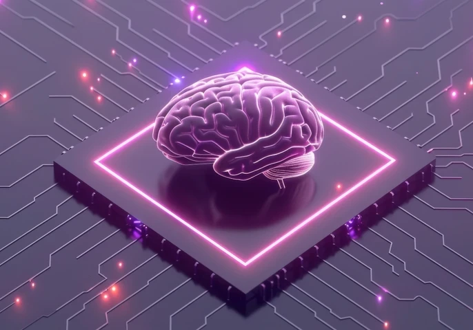 An animated brain on top a microchip with network running from it.