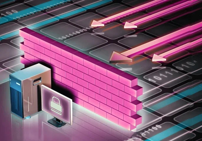Pink and blue animated image depicting a locked computer screen and stand with a wall behind it depicting a cyberattack coming from behind.