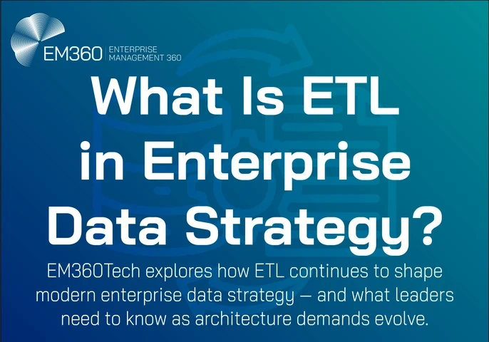 Title card with the EM360Tech logo and headline text: 'What Is ETL in Enterprise Data Strategy?' Subheading reads: 'EM360Tech explores how ETL continues to shape modern enterprise data strategy — and what leaders need to know as architecture demands evolve.' The background features a faint vector-style illustration of a data pipeline icon in blue gradient tones.