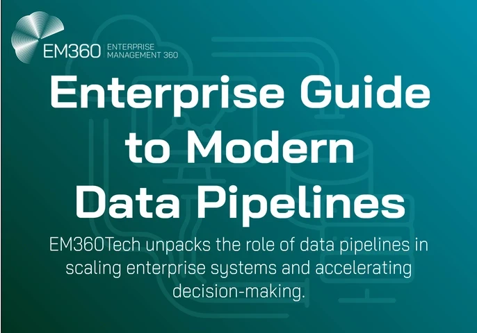 Banner graphic titled "Enterprise Guide to Modern Data Pipelines" by EM360Tech, with a teal gradient background and white tech-themed line icons representing cloud, servers, and data flow. Text highlights the article&rsquo;s focus on scaling enterprise systems and accelerating decision-making.