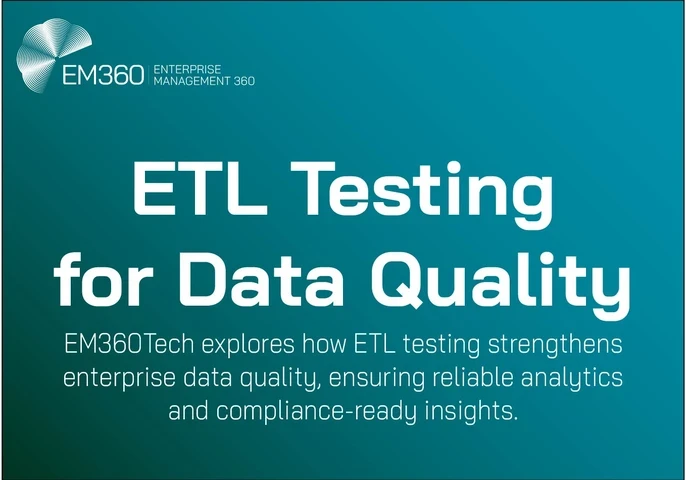 EM360Tech banner titled ‘ETL Testing for Data Quality’ with subtitle explaining how ETL testing strengthens enterprise data quality, ensuring reliable analytics and compliance-ready insights.