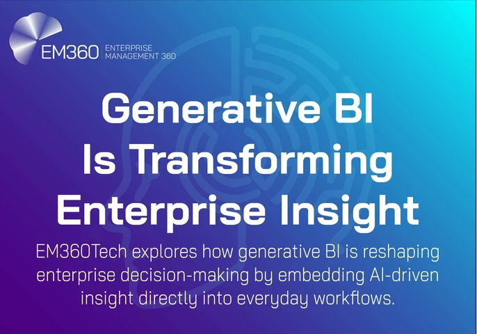 Gradient banner in purple and teal tones featuring the EM360Tech logo and branding. The headline reads: "Generative BI Is Transforming Enterprise Insight". Below, a subtitle says: "EM360Tech explores how generative BI is reshaping enterprise decision-making by embedding AI-driven insight directly into everyday workflows." The design includes a subtle digital maze motif in the background, representing data intelligence.