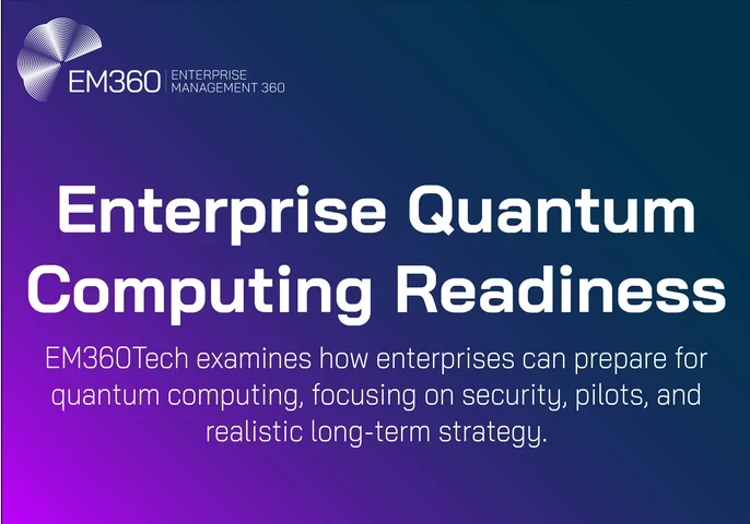 Infographic with EM360Tech branding. Title reads “Enterprise Quantum Computing Readiness.” Subtext explains EM360Tech examines how enterprises can prepare for quantum computing with a focus on security, pilots, and realistic long-term strategy. Background is a gradient of dark blue to purple.