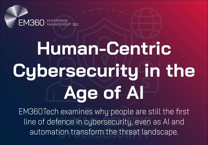 Banner graphic by EM360Tech with the title &ldquo;Human-Centric Cybersecurity in the Age of AI.&rdquo; Subtext reads: &ldquo;EM360Tech examines why people are still the first line of defence in cybersecurity, even as AI and automation transform the threat landscape.&rdquo; Background features line art of a person, shield, padlock, and globe, with a blue-to-red gradient overlay.