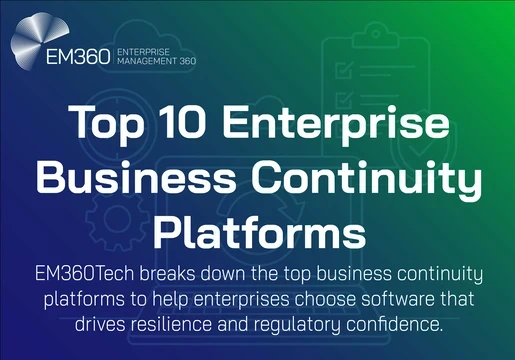 EM360Tech promotional graphic titled 'Top 10 Enterprise Business Continuity Platforms.' The design has a blue-to-green gradient background with line icons of a checklist, shield, and gear. The text states that EM360Tech breaks down the top business continuity platforms to help enterprises choose software that drives resilience and regulatory confidence.