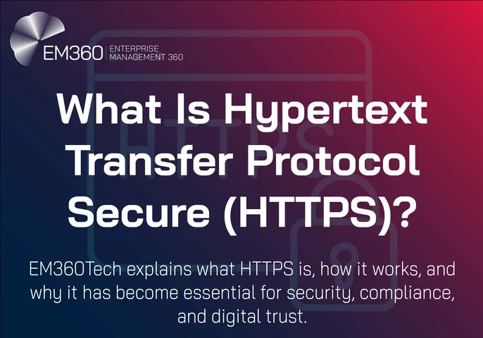 Promotional graphic with the EM360 logo and text: &ldquo;What Is Hypertext Transfer Protocol Secure (HTTPS)? EM360Tech explains what HTTPS is, how it works, and why it has become essential for security, compliance, and digital trust.&rdquo; Background features a gradient of dark blue to magenta with a faint browser and padlock outline.