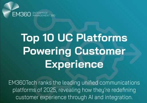 Infographic titled “Top 10 UC Platforms Powering Customer Experience.” The EM360Tech logo appears at the top left, with the subtitle reading, “EM360Tech ranks the leading unified communications platforms of 2025, revealing how they’re redefining customer experience through AI and integration.” The background features a teal gradient with a subtle gear-and-arrow design representing connectivity and progress.