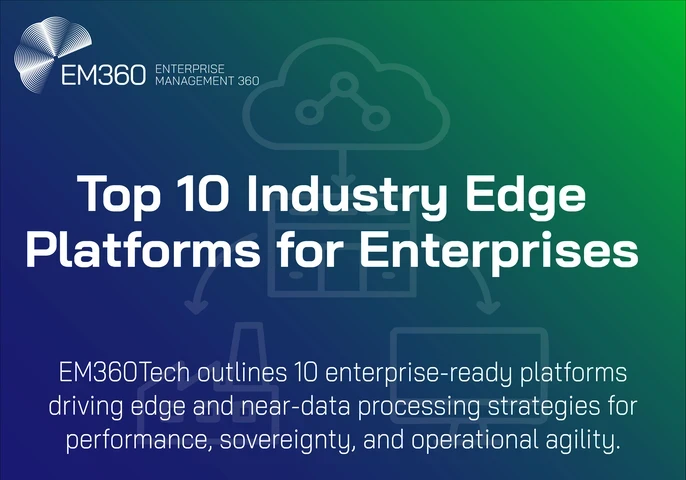 “EM360Tech visual banner with title ‘Top 10 Industry Edge Platforms for Enterprises’. Subheading reads: ‘EM360Tech outlines 10 enterprise-ready platforms driving edge and near-data processing strategies for performance, sovereignty, and operational agility’. Background includes a faint network diagram showing a cloud, data centre, and connected devices.”