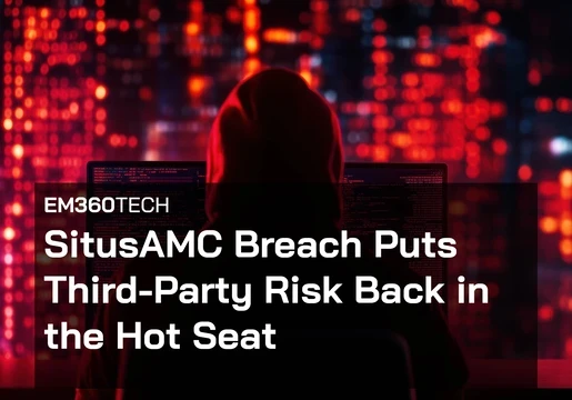 A hooded figure sits in front of glowing red digital screens, representing a cyberattack environment, with overlaid text reading “EM360Tech: SitusAMC Breach Puts Third-Party Risk Back in the Hot Seat.”