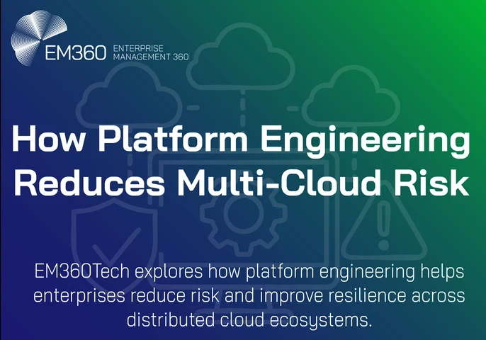Gradient background graphic in blue and green featuring cloud, gear, shield, and warning icons in outline. The EM360Tech logo appears at the top left, with bold white text reading &ldquo;How Platform Engineering Reduces Multi-Cloud Risk.&rdquo; Subtext below says, &ldquo;EM360Tech explores how platform engineering helps enterprises reduce risk and improve resilience across distributed cloud ecosystems.&rdquo;