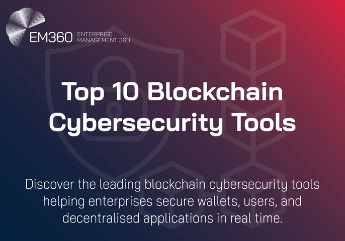 Dark gradient banner with EM360 logo in the top left and bold white title text reading &ldquo;Top 10 Blockchain Cybersecurity Tools.&rdquo; Background features faint line art of a padlock, shield, and interconnected cubes symbolising blockchain security. Subheading text reads: &ldquo;Discover the leading blockchain cybersecurity tools helping enterprises secure wallets, users, and decentralised applications in real time.&rdquo;