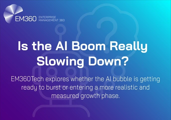Header image with EM360Tech branding and the headline “Is the AI Boom Really Slowing Down?” set against a blue and purple gradient background with abstract AI and question mark icons, introducing an analysis of whether the AI market is cooling or entering a more measured growth phase.