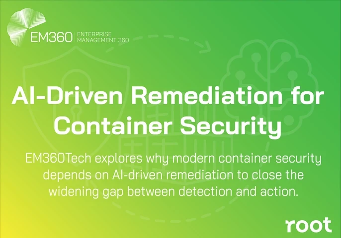 A gradient EM360Tech header graphic featuring a shield outline, stacked container icons, and a stylised AI brain in line-art style. The title reads “AI-Driven Remediation for Container Security,” with supporting text explaining that EM360Tech explores why modern container security depends on AI-driven remediation to close the widening gap between detection and action.