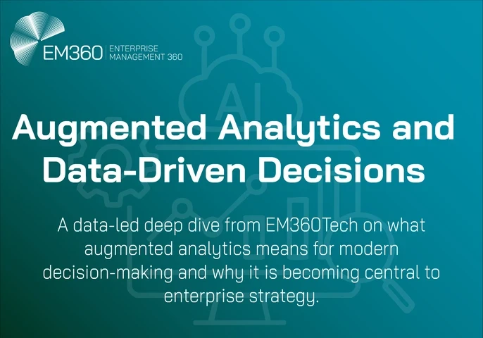 A teal gradient graphic featuring the EM360 logo at the top left and a faint line-drawn AI and analytics icon in the background. Bold white text reads &ldquo;Augmented Analytics and Data-Driven Decisions,&rdquo; with a smaller subtitle below describing a data-led deep dive from EM360Tech on the role of augmented analytics in modern enterprise strategy.