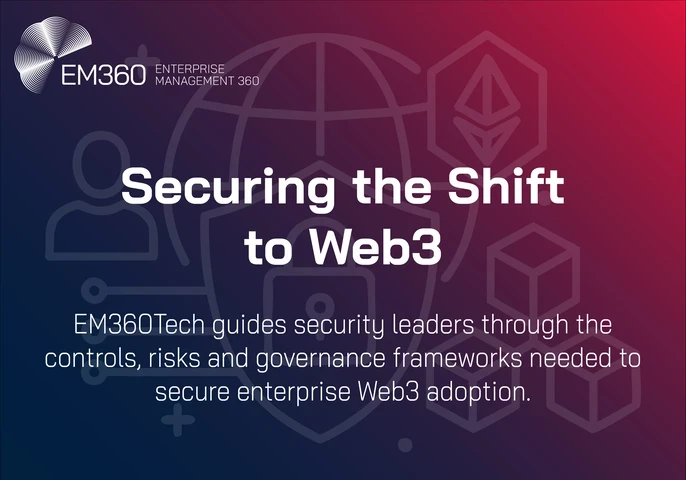 A gradient graphic in EM360Tech colours displays the headline &ldquo;Securing the Shift to Web3&rdquo;. Behind the text are simple line-style icons of a globe, shield with a padlock, user profile, and blockchain cubes. The EM360Tech logo appears in the top left. A subtitle reads: &ldquo;EM360Tech guides security leaders through the controls, risks and governance frameworks needed to secure enterprise Web3 adoption.&rdquo;