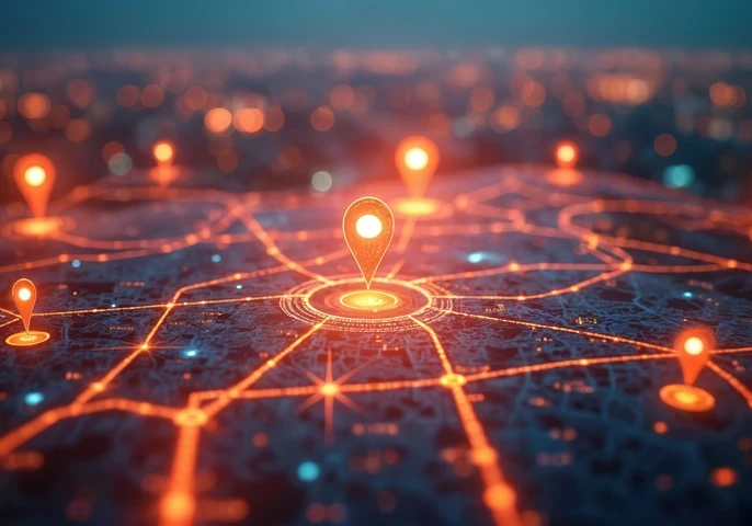 Glowing red map with location markers.