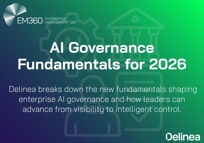 EM360Tech graphic titled “AI Governance Fundamentals for 2026,” featuring Delinea branding and text explaining how enterprises can move from AI visibility to intelligent control, set against a green and deep purple gradient with governance-themed icons.
